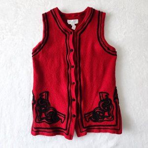 Vintage 70s Lord & Taylor Red Embroidered Merino Wool Sweater Vest Black‎ Medium